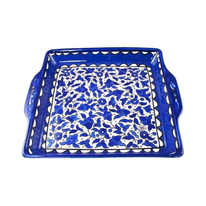 Armenian Ceramic Matzah Plate - Blue and White Floral